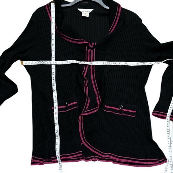 Exclusively Missook Fine Sheer Knit Ribbed OpenCardigan Magenta Ruffle Trim Flaw - Picture 9 of 11
